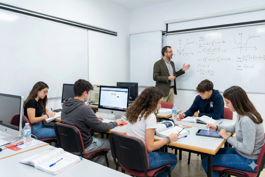 Clase secundaria Estudiantes de secundaria en una clase de 5 alumnos estudiando y dando clase
